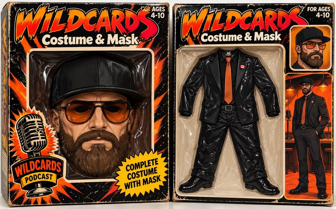 Retro costume box for Gully: a molded plastic mask and a black vinyl suit with an orange tie