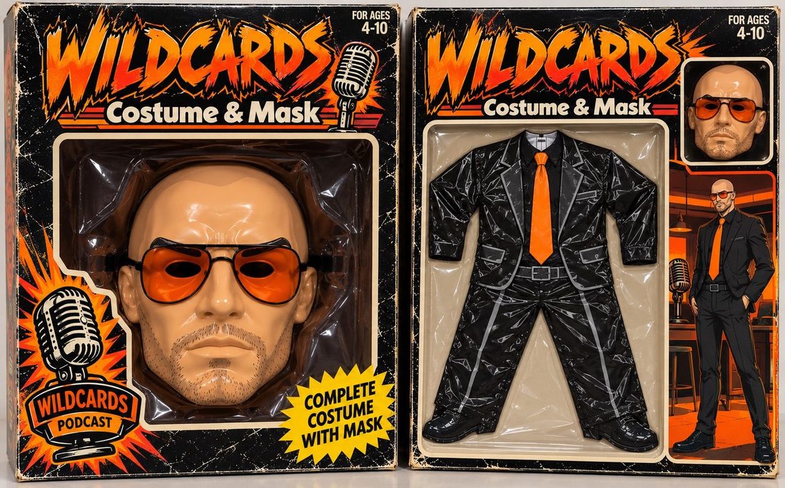 Retro costume box for Hemi: a molded plastic mask and a black vinyl suit with an orange tie