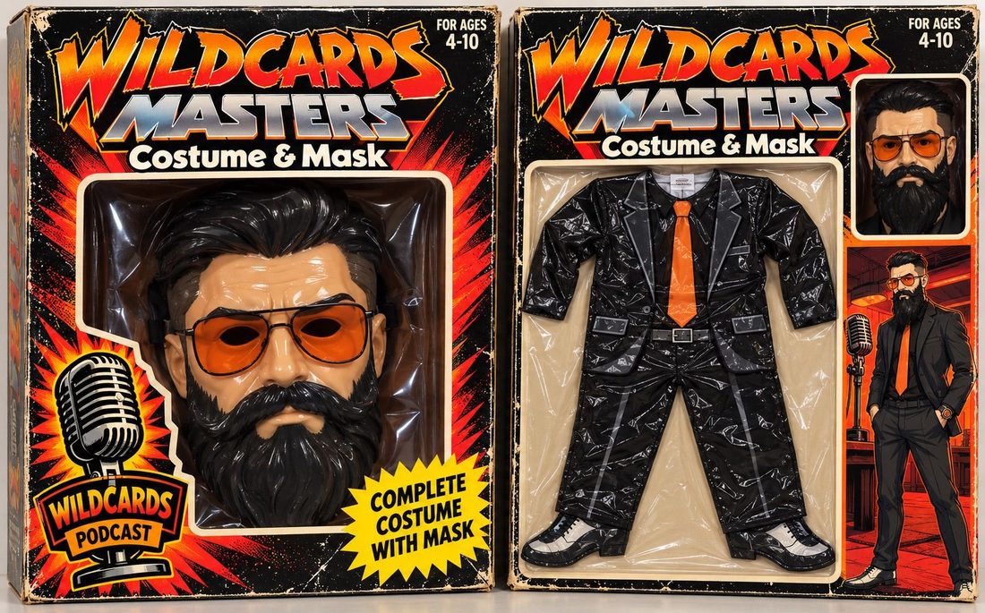 Retro costume box for Mr. Stevie (Masters Edition): a molded plastic mask and a black vinyl suit with an orange tie