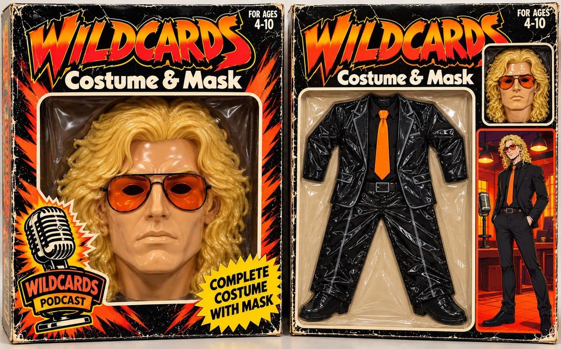 Retro costume box for The Wet Guy: a molded plastic mask and a black vinyl suit with an orange tie